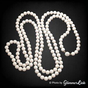 Vintage Japan White Bead Necklace 54.5" – Knotted Resin Beads – 1950s Jewelry